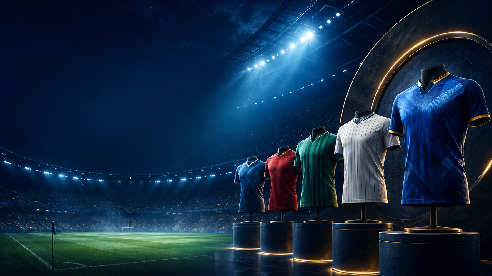 Stylised football kit showcase in a floodlit stadium